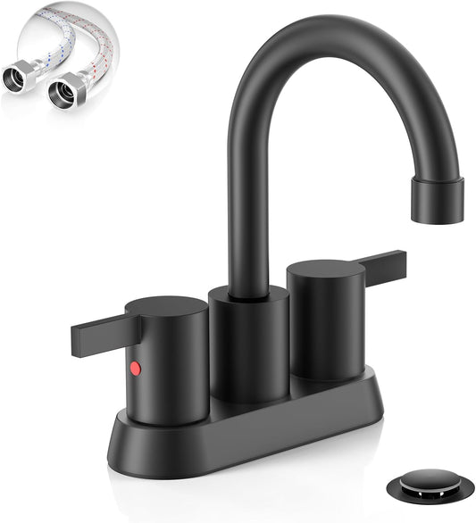 4 Inch 2 Handle Centerset Matte Black Lead-Free Modern Bathroom Faucet, 360 Swivel Spout 2-3 Hole RV Bathroom Vanity Sink Faucet with Pop up Drain and Water Supply Lines,Bf015-1-Mb