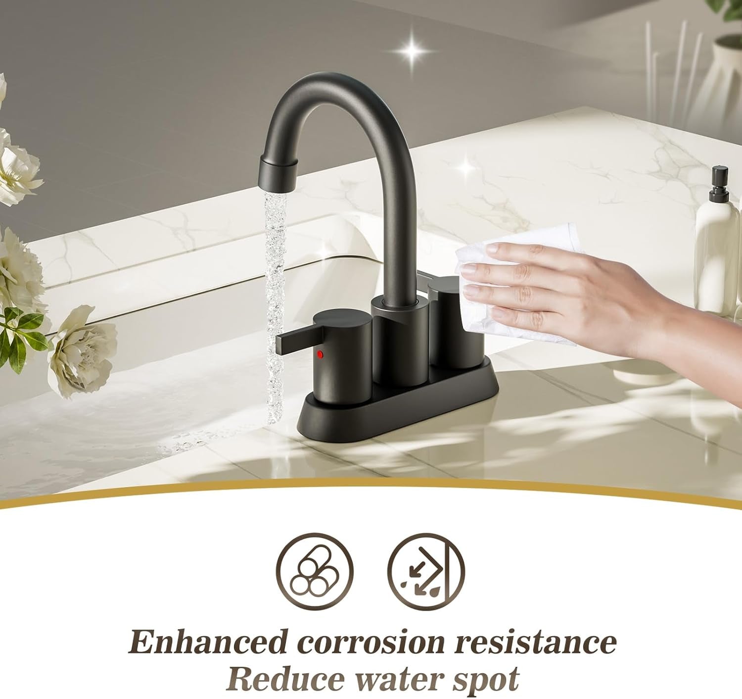 4 Inch 2 Handle Centerset Matte Black Lead-Free Modern Bathroom Faucet, 360 Swivel Spout 2-3 Hole RV Bathroom Vanity Sink Faucet with Pop up Drain and Water Supply Lines,Bf015-1-Mb